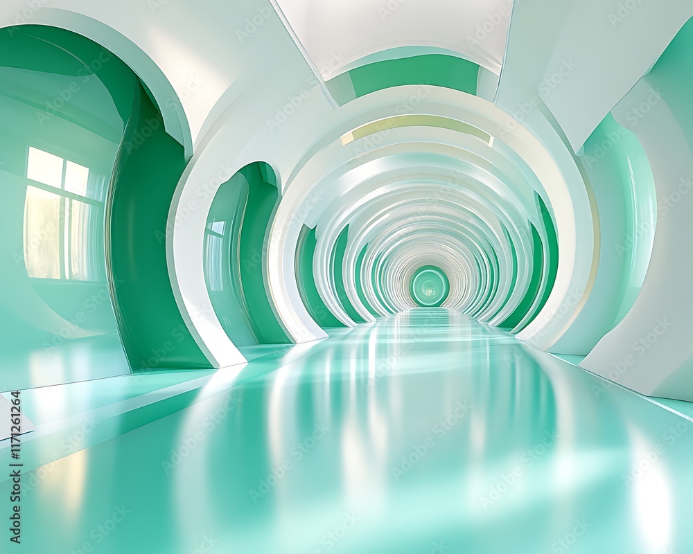 Fototapeta premium Abstract futuristic green hallway with circular architecture.