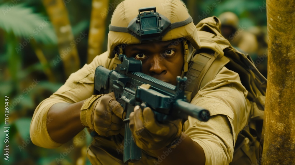 Soldier holding rifle during a military training exercise in the jungle Soldier holding rifle during a military training exercise in the jungle
