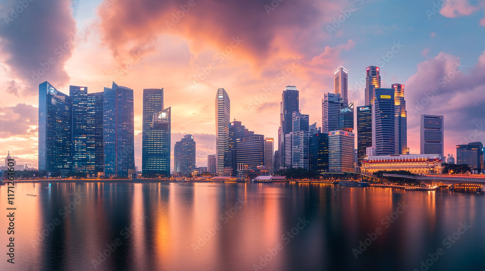 Fototapeta premium Vibrant sunset over the skyline of Singapore reflecting on calm waters