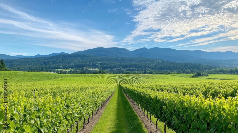 Naklejka premium Lush Green Vineyard Landscape Under Clear Blue Sky and Mountains