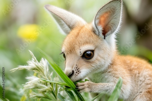 A kangaroo enjoying a snack, nibbling on a piece of grass in a picturesque woodland photo