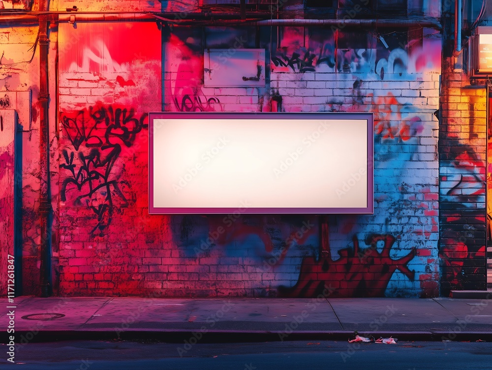 Obraz premium Urban night scene with empty blank neon billboard on graffiti wall in vibrant colors, mockup concept