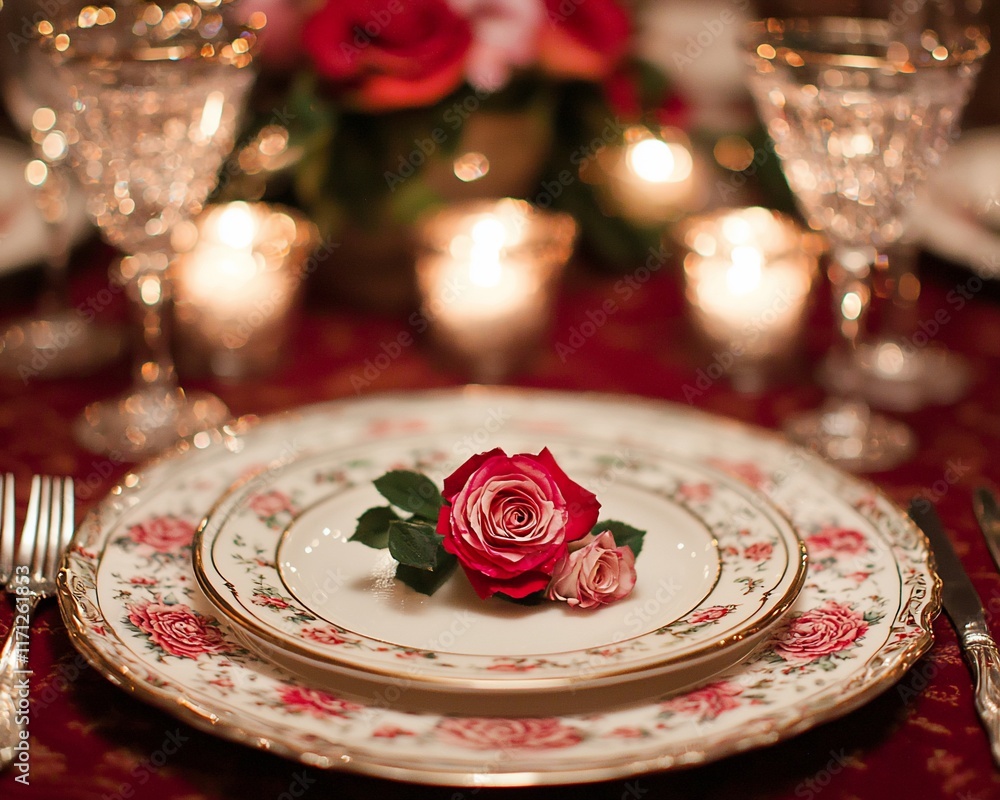 Naklejka premium Romantic dinner table setting with roses.