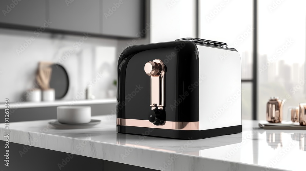 A sleek, modern toaster in a stylish kitchen setting, designed for toasting bread. A sleek, modern toaster in a stylish kitchen setting, designed for toasting bread.