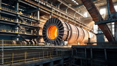 Industrial Steel Factory Interior with Massive Rotating Machinery and Warm Illuminated Details in Modern Workshop

 photo