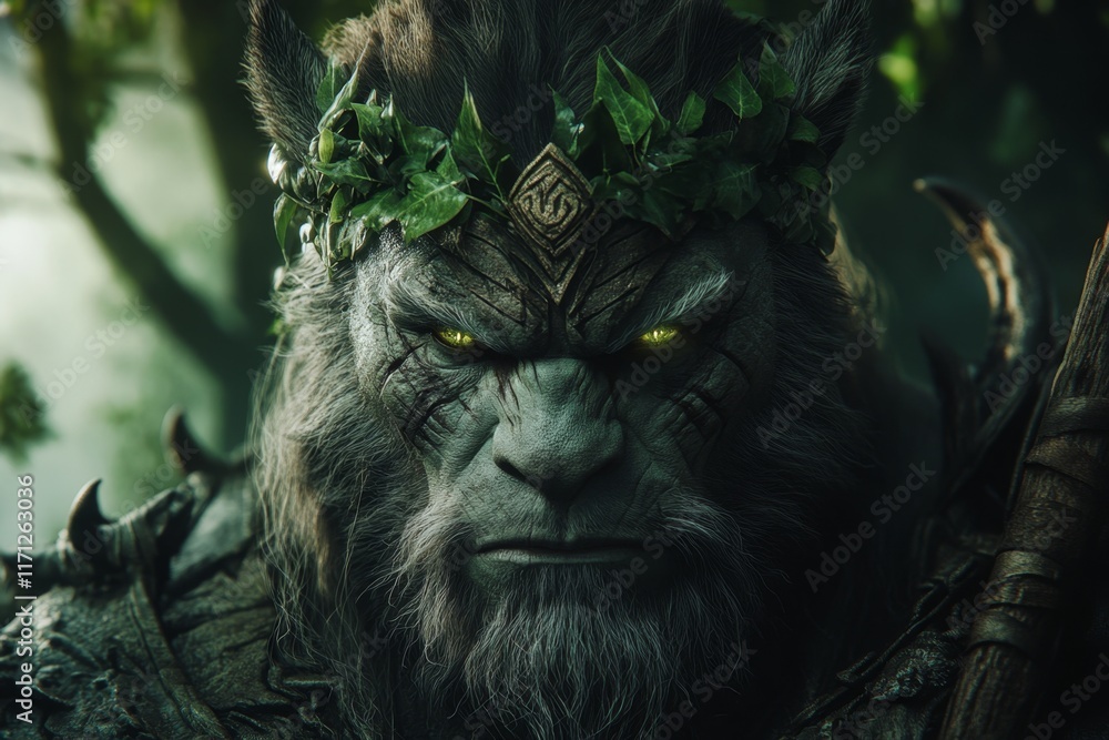 A fierce jungle king with a crown of vines, holding a spear and standing among towering trees and exotic animals A fierce jungle king with a crown of vines, holding a spear and standing among towering trees and exotic animals