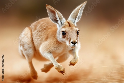 A kangaroo mid-leap across a dusty trail, with motion blur capturing the power of its jump photo