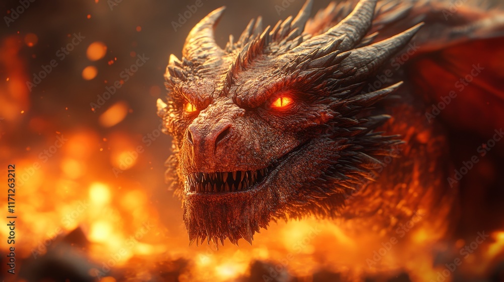 Obraz premium Fiery dragon portrait, close-up, intense gaze, flames background.