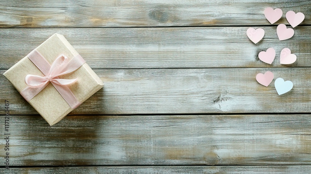 Gift box with pink ribbon and paper hearts on rustic wooden background celebrating international women's day march 8 and mother's day Gift box with pink ribbon and paper hearts on rustic wooden background celebrating international women's day march 8 and mother's day