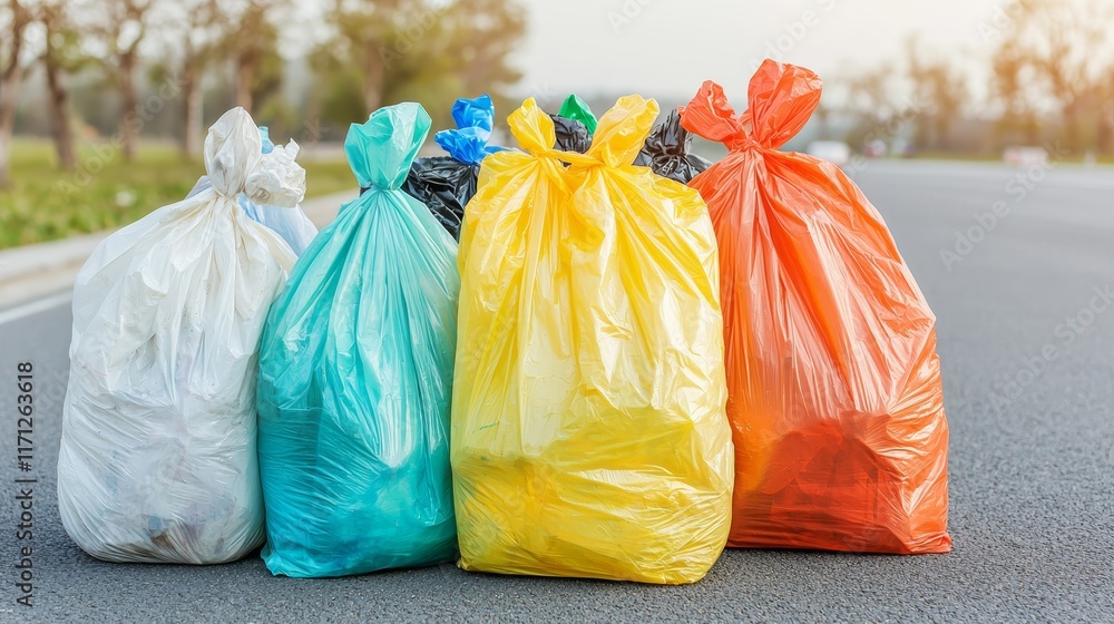 Colorful Garbage Bags Littering a Serene Nature Trail Under a Bright Sky Colorful Garbage Bags Littering a Serene Nature Trail Under a Bright Sky
