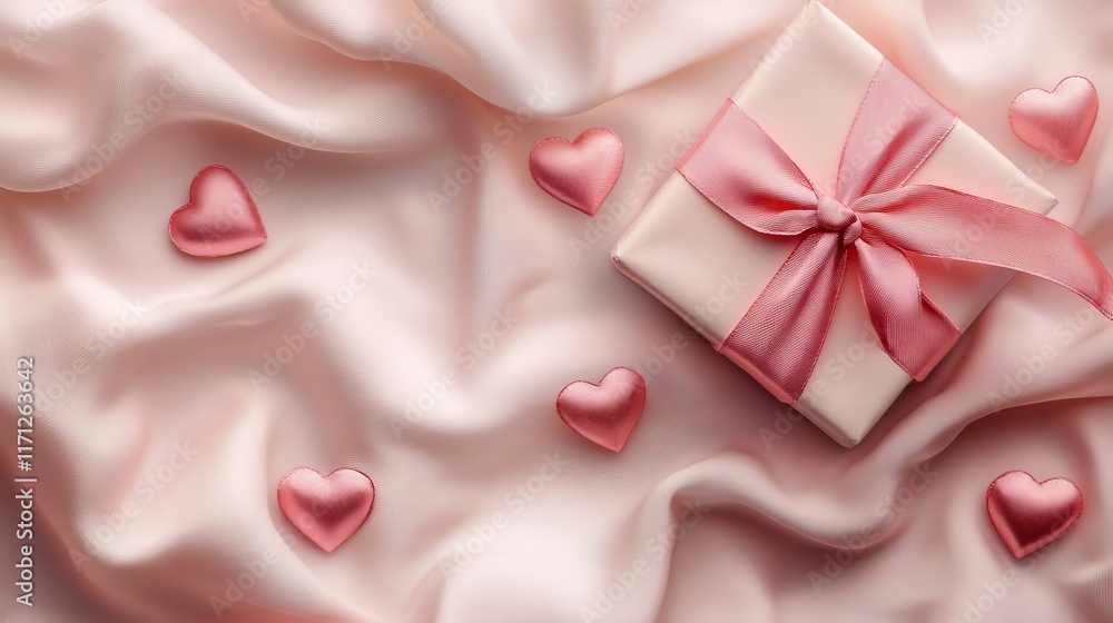 Delicate satin background with pink hearts and gift box, celebrating international women's day march 8 and mother's day Delicate satin background with pink hearts and gift box, celebrating international women's day march 8 and mother's day
