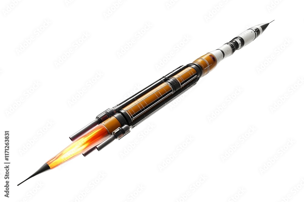 A stylized rocket with fiery propulsion, representing space exploration technology. A stylized rocket with fiery propulsion, representing space exploration technology.