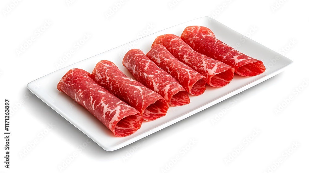 Sizzling shabu beef and pork delicacies on a white background food photography culinary art minimalist style Sizzling shabu beef and pork delicacies on a white background food photography culinary art minimalist style