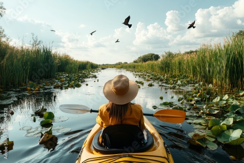 A kayaker paddling through reeds and lily pads in a quiet marshland, with birds flying overhead