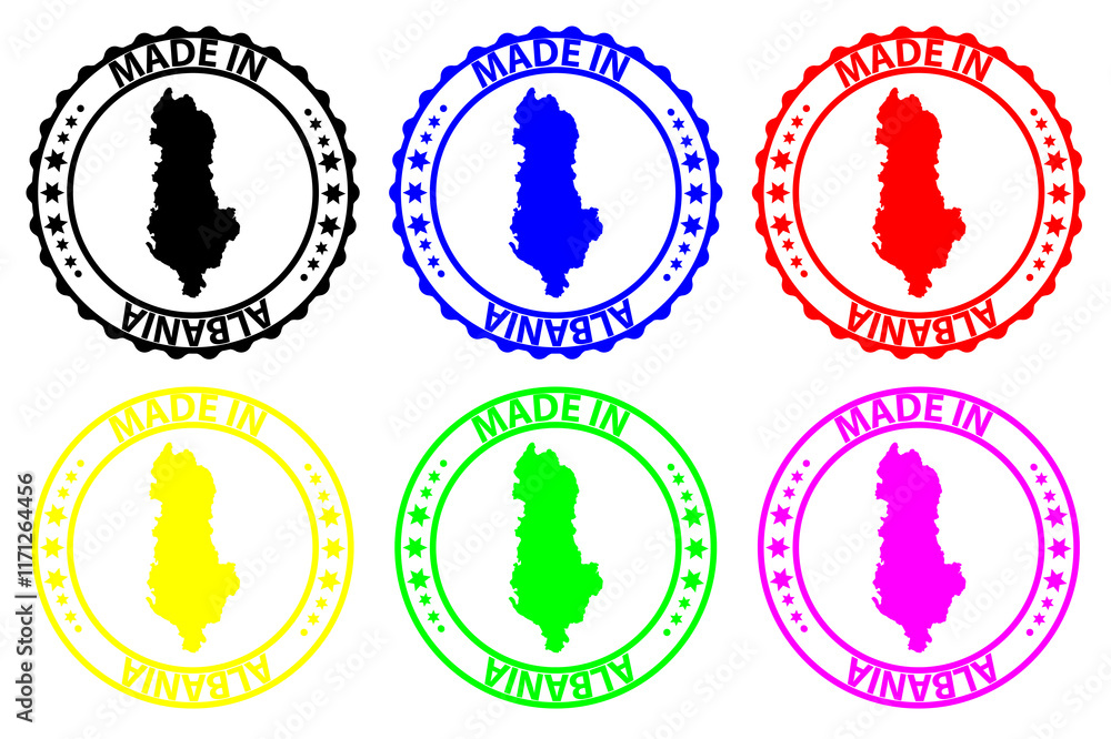 Made in Albania - rubber stamp - vector, Albania map pattern - black, blue, green, yellow, purple and red Made in Albania - rubber stamp - vector, Albania map pattern - black, blue, green, yellow, purple and red