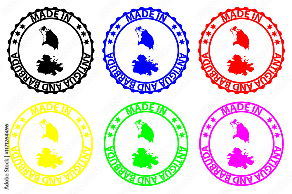 Made in Antigua and Barbuda - rubber stamp - vector, Antigua and Barbuda map pattern - black, blue, green, yellow, purple and red Made in Antigua and Barbuda - rubber stamp - vector, Antigua and Barbuda map pattern - black, blue, green, yellow, purple and red