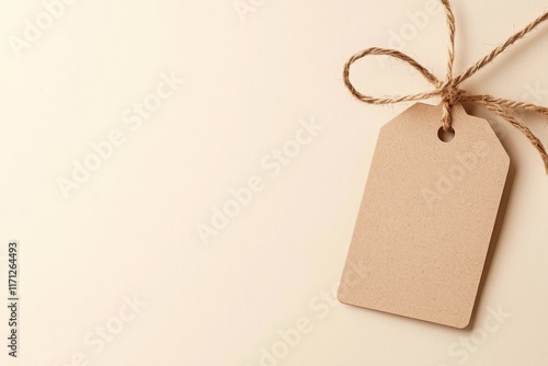 Ecofriendly hanging paper tag with recycled look studio setting product photography minimalist design close-up view sustainability concept photo