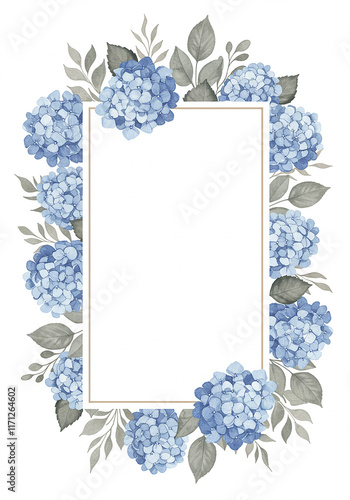 Elegant Blue Hydrangea Floral Frame Wedding Invitation Greeting Card Design