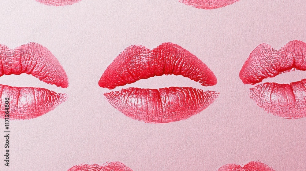 Fototapeta premium Red lipstick kiss marks on pink background