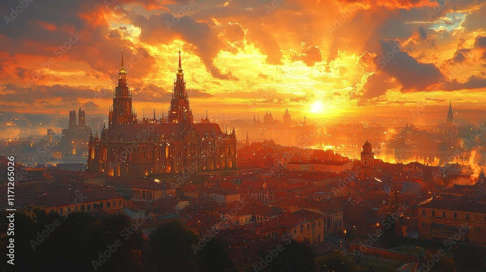 Majestic sunset over a historic European city with a prominent cathedral. Majestic sunset over a historic European city with a prominent cathedral.