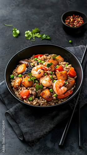 Wallpaper Mural Delicious Shrimp and Vegetable Stir-Fry in Black Bowl. Torontodigital.ca