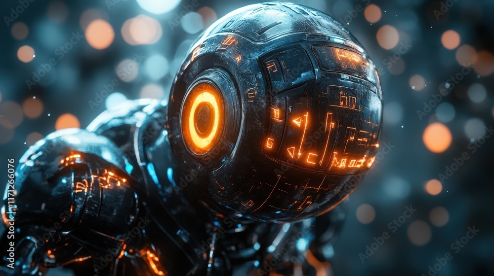 Futuristic Robot Sphere Glowing Orange Lights Futuristic Robot Sphere Glowing Orange Lights