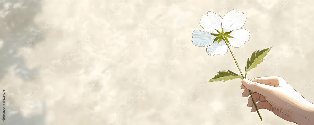 Fototapeta premium Hand holding white flower, outdoor, light background, peaceful scene, greeting card