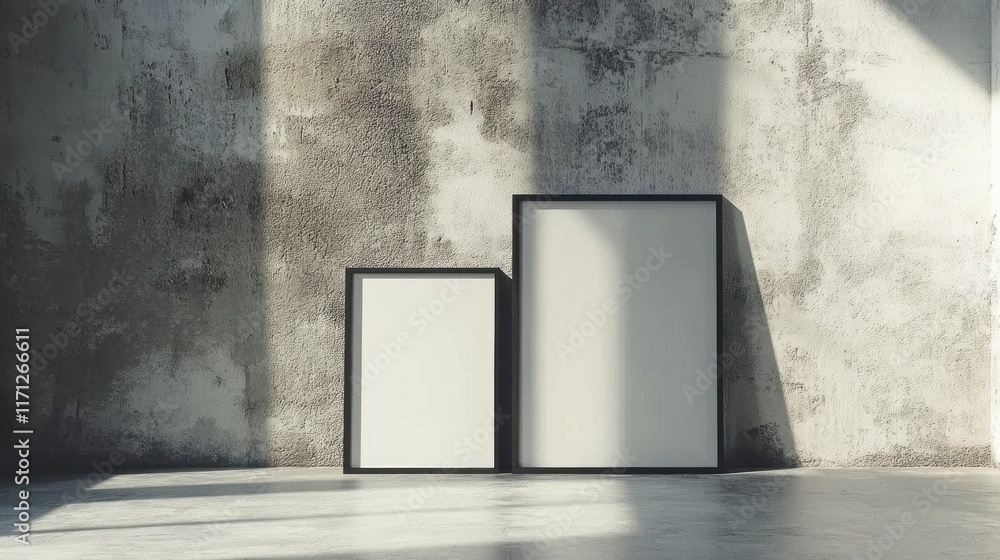 Two blank frames against a grunge wall. Two blank frames against a grunge wall.