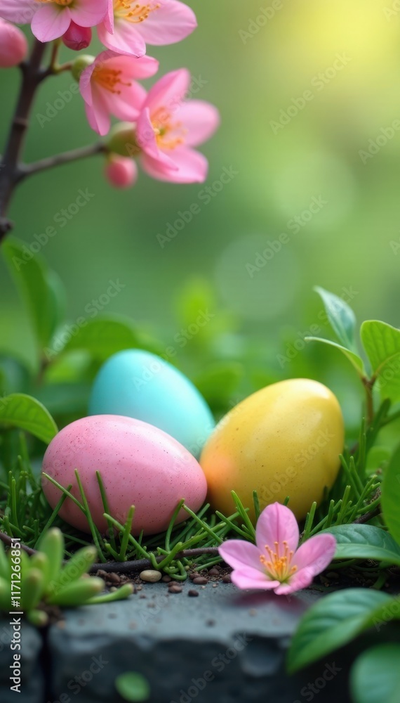 Pastel eggs nestled in spring greenery on grey concrete , new beginnings, Easter Sunday Pastel eggs nestled in spring greenery on grey concrete , new beginnings, Easter Sunday