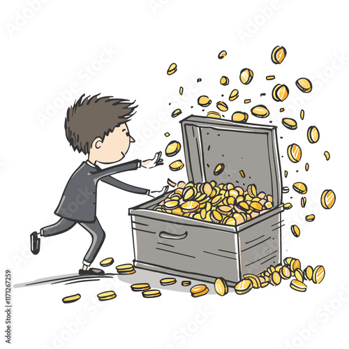 Illustration of a Businessman Happily Shoveling Gold Coins and Collecting Them in a Box