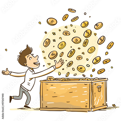 Illustration of a Businessman Happily Shoveling Gold Coins and Collecting Them in a Box