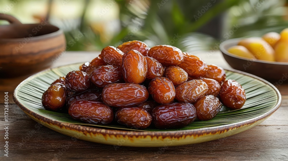 A plate of dates arranged on a green leaf, showcasing their rich color and texture. A plate of dates arranged on a green leaf, showcasing their rich color and texture.