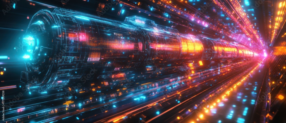 Fototapeta premium Futuristic train tunnel with vibrant neon lights.