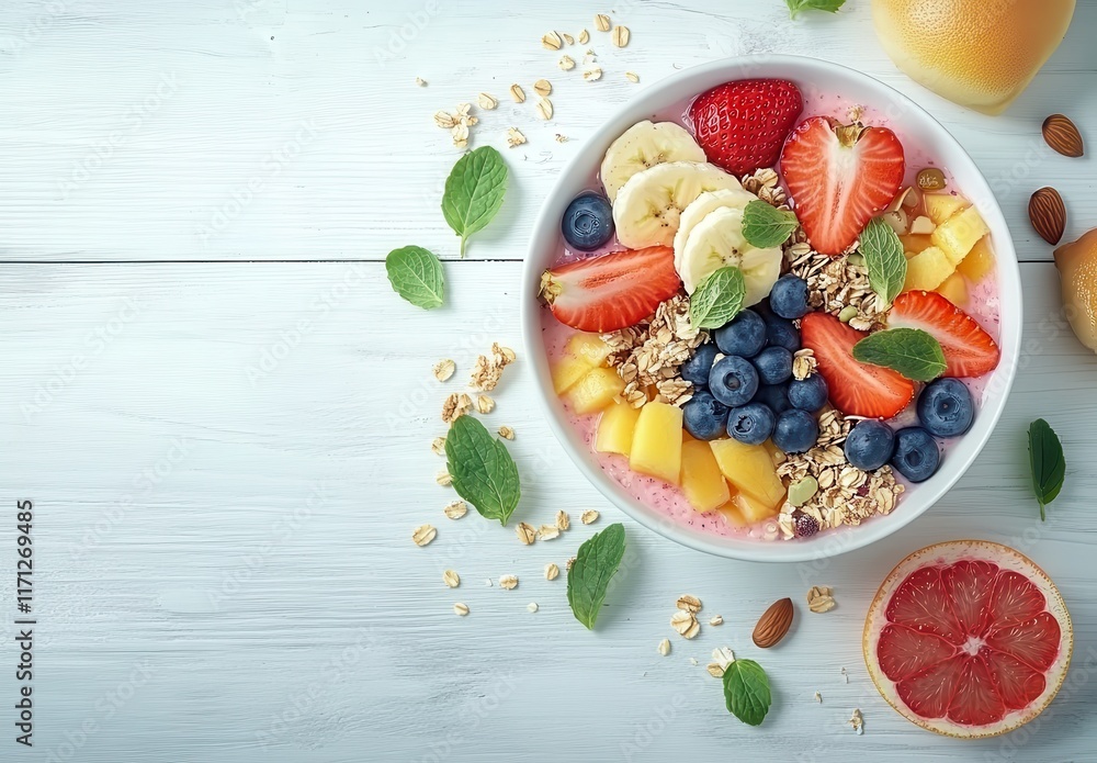 Fresh and Colorful Fruit Bowl with Granola, Berries, and Mint Leaves on Wooden Table, Ideal for Healthy Eating and Delicious Breakfast Inspiration Fresh and Colorful Fruit Bowl with Granola, Berries, and Mint Leaves on Wooden Table, Ideal for Healthy Eating and Delicious Breakfast Inspiration