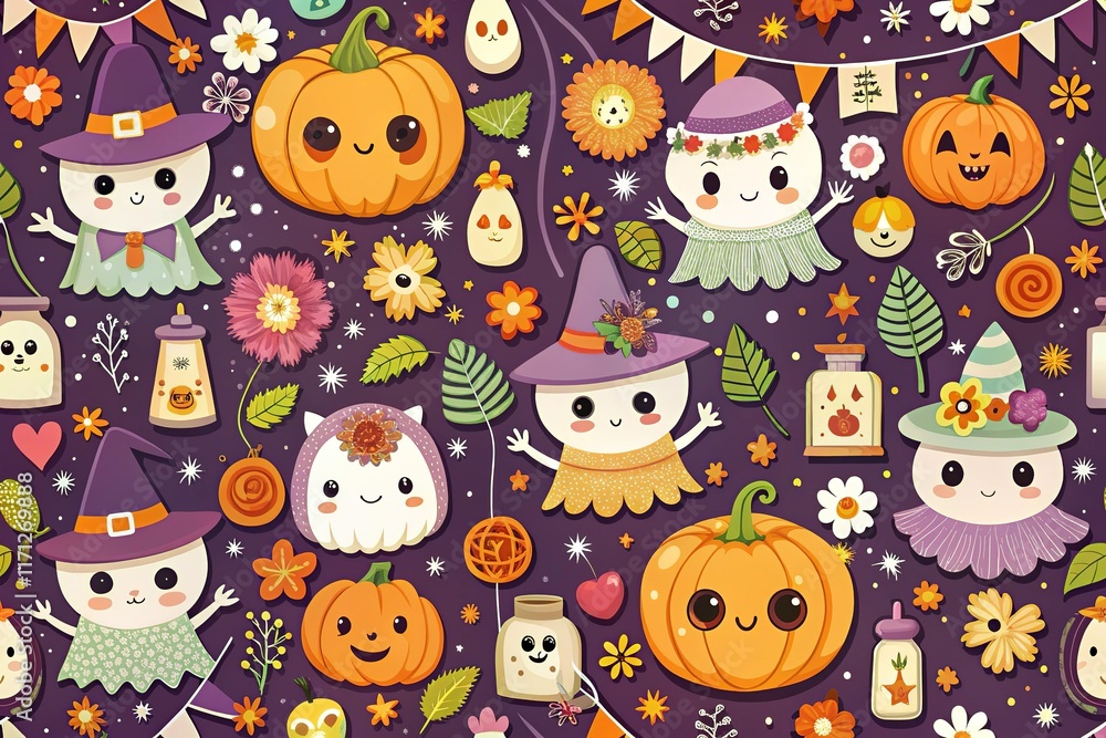 Naklejka premium Cute Halloween design with ghosts, pumpkins, and bats. Vintage style, with spiderwebs and potion bottles.
