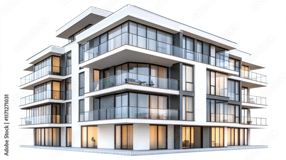 Modern apartment building with large windows and balconies, isolated on white background. Modern apartment building with large windows and balconies, isolated on white background.