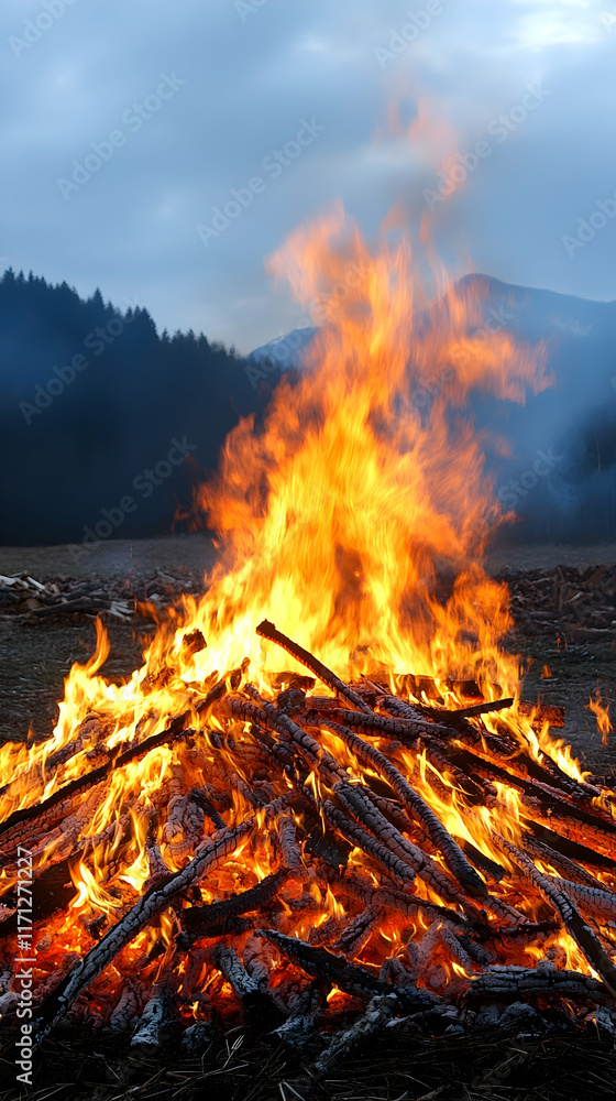Fiery bonfire burning brightly in mountain landscape at dusk, perfect for camping or adventure themes. Fiery bonfire burning brightly in mountain landscape at dusk, perfect for camping or adventure themes.