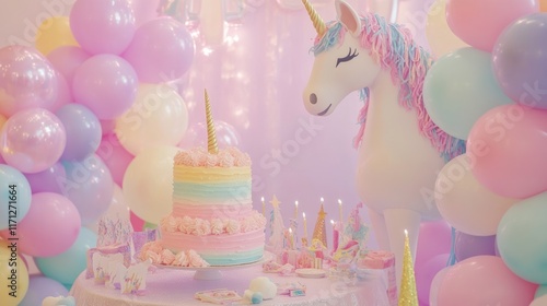 A dreamy pastel-colored birthday party with a unicorn cake, rainbow balloons, and glittery decorations. A unicorn piata hangs in the corner, and the kids wear unicorn horn headbands while enjoying  photo