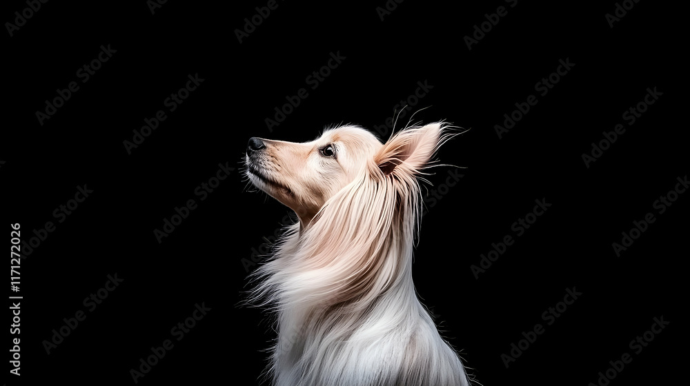Naklejka premium Fluffy dog profile, studio shot, black background, pet portrait, website banner.