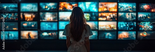 A person gazes at a stunning collection of artistic displays on screens, each evocative piece creates a rich tapestry of emotion and digital expression in a modern context. photo