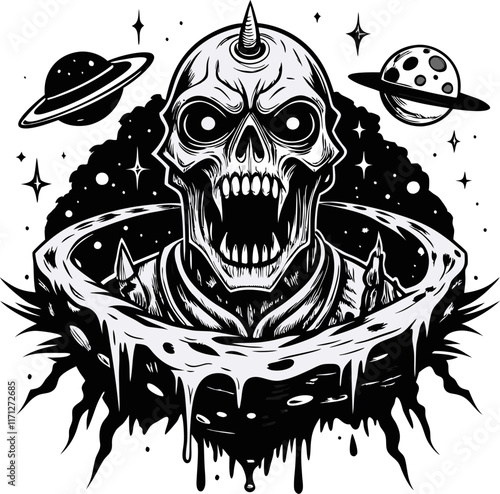 Space skull with planets and stars in monochrome cosmic art