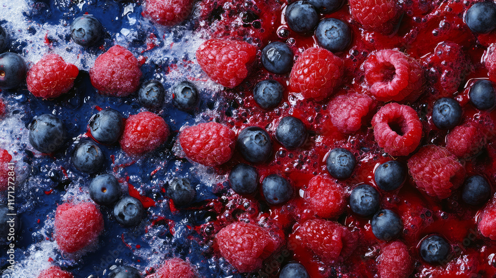 Fresh raspberries and blueberries scattered in mixed arrangement, vibrant red and blue berries creating natural organic pattern with delicate textures Fresh raspberries and blueberries scattered in mixed arrangement, vibrant red and blue berries creating natural organic pattern with delicate textures