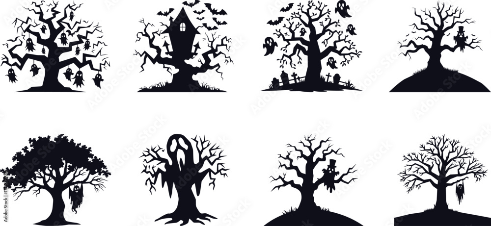 Minimalistic Haunted Tree Silhouette Vector Illustration in Bold Black with Classic Style Isolated on White Background Minimalistic Haunted Tree Silhouette Vector Illustration in Bold Black with Classic Style Isolated on White Background
