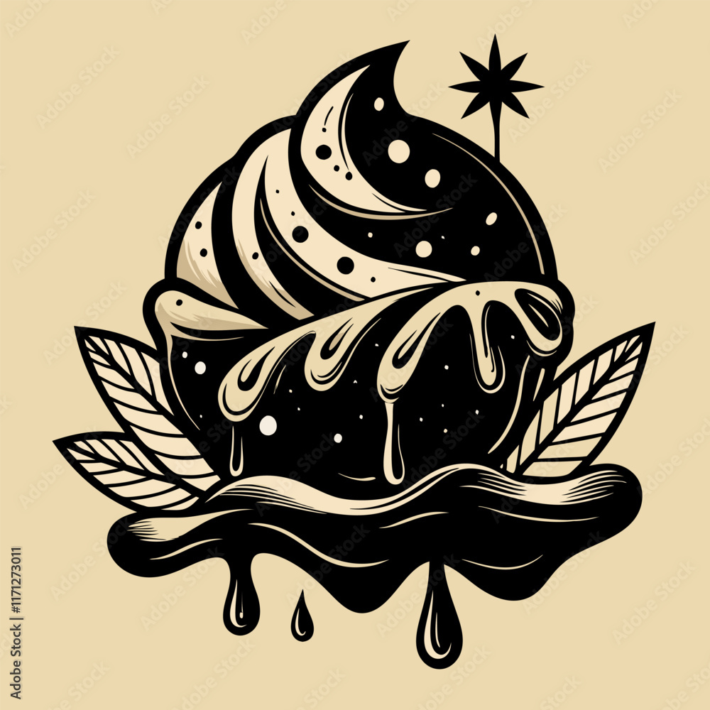 Mystical dessert with cosmic swirls and dripping glaze in monochrome illustration Mystical dessert with cosmic swirls and dripping glaze in monochrome illustration
