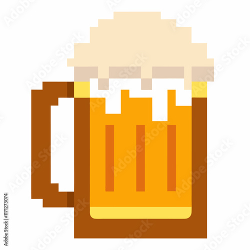 Pixelated mug of beer with frothy foam in a retro video game style