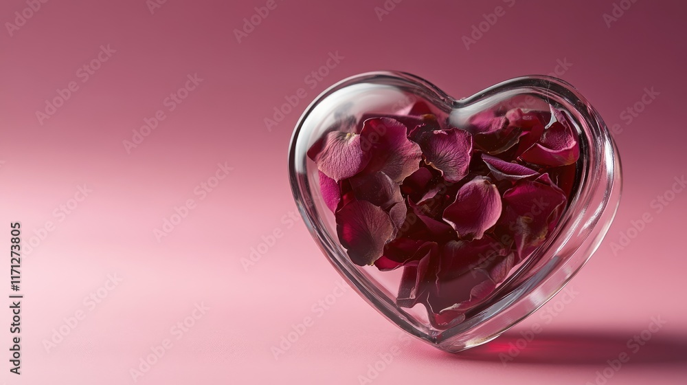 A transparent chocolate heart filled with tiny edible rose petals, shot against a gradient pink backdrop A transparent chocolate heart filled with tiny edible rose petals, shot against a gradient pink backdrop