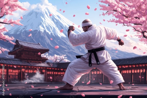 A pixel art animation of a karateka performing a high kick in a retro dojo, with pixelated cherry blossoms falling in the background
