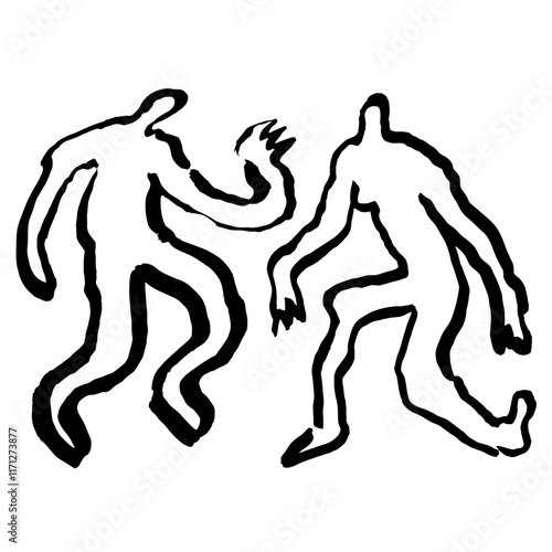 Abstract ink drawing of two dancing figures in a dynamic silhouette. The hand-drawn black lines on a white background highlight fluid movement and minimalist charm.