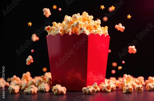 Red box of popcorn with buttered flavored popcorn scattered on black background photo