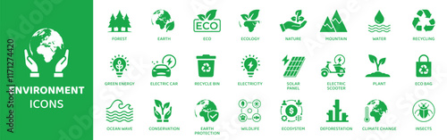 Environment  - Icon Collection. Thin Line Set contains such Icons as Recycle, Environment, Nature, Electricity, Electric Bike and more. Simple web icons set.